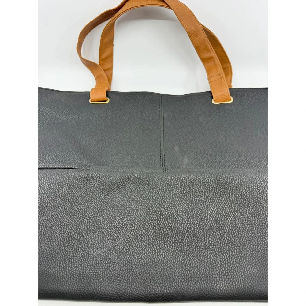 Black Pebbled Faux Leather Tote Bag Tan Straps Gold Medallion Accent Large